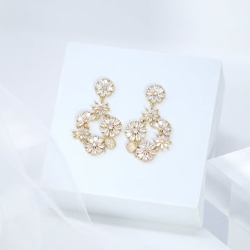 Luxurious Diamond Gold Silver Floral Paradise Earrings , Long Hoop Bridal Jewelry, Real Pearl Bridal Earrings, Statement Earrings.